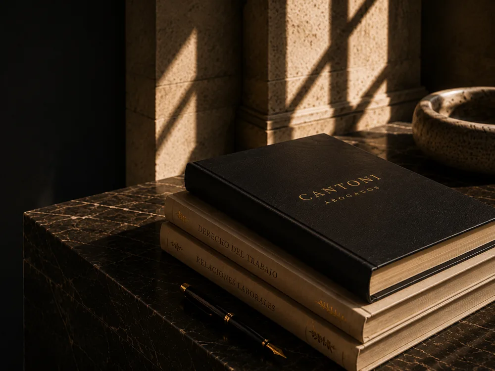 Libros jurídicos de Cantoni Abogados en el despacho.